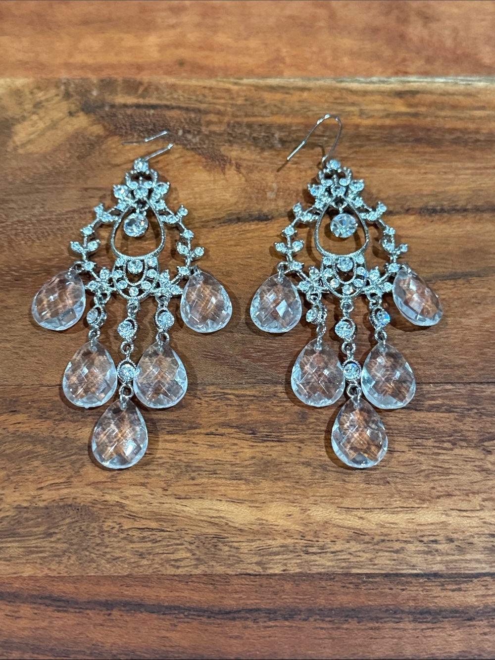 Clear Crystal Teardrop Chandelier Earrings - Sparkling Silver Tone